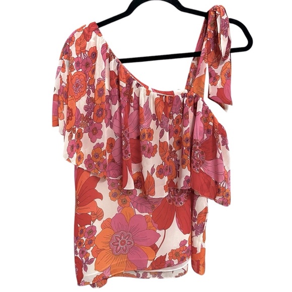 Trina Turk Pink Orange Floral One-Shoulder Ruffle Top - Picture 7 of 9